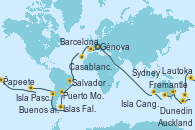 Visitando Génova (Italia), Marsella (Francia), Barcelona, Málaga, Casablanca (Marruecos), Mindelo (Cabo Verde), Salvador de Bahía (Brasil), Río de Janeiro (Brasil), Río de Janeiro (Brasil), Buenos aires, Buenos aires, Puerto Madryn (Argentina), Islas Falkland (Puerto Stanley/Reino Unido), Ushuaia (Argentina), Ushuaia (Argentina), Puerto Montt (Chile), Valparaíso (Chile), Valparaíso (Chile), Isla Pascua (Chile), Islas Pitcairn (Pacífico), Papeete (Tahití), Papeete (Tahití), Pago Pago (Samoa), Lautoka (Fiyi), Suva (Fiyi), Auckland (Nueva Zelanda), Tauranga (Nueva Zelanda), Dunedin (Nueva Zelanda), Hobart (Australia), Sydney (Australia), Sydney (Australia), Melbourne (Australia), Isla Canguro (Australia), Adelaide (Australia), Fremantle (Australia), Fremantle (Australia), Broome (Australia), Darwin (Australia), Darwin (Australia), Bali (Indonesia), Singapur, Singapur, Phuket (Tailandia), Colombo (Sri Lanka), Aqaba (Jordania), Canal Suez, Canal Suez, Alejandría (Egipto), Civitavecchia (Roma), Génova (Italia)