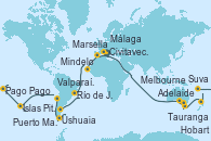 Visitando Civitavecchia (Roma), Génova (Italia), Marsella (Francia), Barcelona, Málaga, Casablanca (Marruecos), Mindelo (Cabo Verde), Salvador de Bahía (Brasil), Río de Janeiro (Brasil), Río de Janeiro (Brasil), Buenos aires, Buenos aires, Puerto Madryn (Argentina), Islas Falkland (Puerto Stanley/Reino Unido), Ushuaia (Argentina), Ushuaia (Argentina), Puerto Montt (Chile), Valparaíso (Chile), Valparaíso (Chile), Isla Pascua (Chile), Islas Pitcairn (Pacífico), Papeete (Tahití), Papeete (Tahití), Pago Pago (Samoa), Lautoka (Fiyi), Suva (Fiyi), Auckland (Nueva Zelanda), Tauranga (Nueva Zelanda), Dunedin (Nueva Zelanda), Hobart (Australia), Sydney (Australia), Sydney (Australia), Melbourne (Australia), Isla Canguro (Australia), Adelaide (Australia), Fremantle (Australia), Fremantle (Australia), Broome (Australia), Darwin (Australia), Darwin (Australia), Bali (Indonesia), Singapur, Singapur, Phuket (Tailandia), Colombo (Sri Lanka), Aqaba (Jordania), Canal Suez, Canal Suez, Alejandría (Egipto), Civitavecchia (Roma)