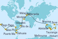 Visitando Marsella (Francia), Barcelona, Málaga, Casablanca (Marruecos), Mindelo (Cabo Verde), Salvador de Bahía (Brasil), Río de Janeiro (Brasil), Río de Janeiro (Brasil), Buenos aires, Buenos aires, Puerto Madryn (Argentina), Islas Falkland (Puerto Stanley/Reino Unido), Ushuaia (Argentina), Ushuaia (Argentina), Puerto Montt (Chile), Valparaíso (Chile), Valparaíso (Chile), Isla Pascua (Chile), Islas Pitcairn (Pacífico), Papeete (Tahití), Papeete (Tahití), Pago Pago (Samoa), Lautoka (Fiyi), Suva (Fiyi), Auckland (Nueva Zelanda), Tauranga (Nueva Zelanda), Dunedin (Nueva Zelanda), Hobart (Australia), Sydney (Australia), Sydney (Australia), Melbourne (Australia), Isla Canguro (Australia), Adelaide (Australia), Fremantle (Australia), Fremantle (Australia), Broome (Australia), Darwin (Australia), Darwin (Australia), Bali (Indonesia), Singapur, Singapur, Phuket (Tailandia), Colombo (Sri Lanka), Aqaba (Jordania), Canal Suez, Canal Suez, Alejandría (Egipto), Civitavecchia (Roma), Génova (Italia), Marsella (Francia)