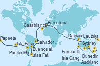 Visitando Barcelona, Málaga, Casablanca (Marruecos), Mindelo (Cabo Verde), Salvador de Bahía (Brasil), Río de Janeiro (Brasil), Río de Janeiro (Brasil), Buenos aires, Buenos aires, Puerto Madryn (Argentina), Islas Falkland (Puerto Stanley/Reino Unido), Ushuaia (Argentina), Ushuaia (Argentina), Puerto Montt (Chile), Valparaíso (Chile), Valparaíso (Chile), Isla Pascua (Chile), Islas Pitcairn (Pacífico), Papeete (Tahití), Papeete (Tahití), Pago Pago (Samoa), Lautoka (Fiyi), Suva (Fiyi), Auckland (Nueva Zelanda), Tauranga (Nueva Zelanda), Dunedin (Nueva Zelanda), Hobart (Australia), Sydney (Australia), Sydney (Australia), Melbourne (Australia), Isla Canguro (Australia), Adelaide (Australia), Fremantle (Australia), Fremantle (Australia), Broome (Australia), Darwin (Australia), Darwin (Australia), Bali (Indonesia), Singapur, Singapur, Phuket (Tailandia), Colombo (Sri Lanka), Aqaba (Jordania), Canal Suez, Canal Suez, Alejandría (Egipto), Civitavecchia (Roma), Génova (Italia), Marsella (Francia), Barcelona