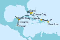 Visitando Miami (Florida/EEUU), Puerto Plata, Republica Dominicana, San Juan (Puerto Rico), Ocean Cay MSC Marine Reserve (Bahamas), Miami (Florida/EEUU), Roatán (Honduras), Costa Maya (México), Cozumel (México), Nassau (Bahamas), Miami (Florida/EEUU)