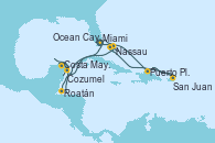 Visitando Miami (Florida/EEUU), Roatán (Honduras), Costa Maya (México), Cozumel (México), Nassau (Bahamas), Miami (Florida/EEUU), Puerto Plata, Republica Dominicana, San Juan (Puerto Rico), Ocean Cay MSC Marine Reserve (Bahamas) y Miami (Florida/EEUU)