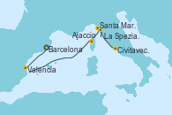 Visitando Barcelona, Valencia, Ajaccio (Córcega), Santa Margarita (Italia), La Spezia, Florencia y Pisa (Italia), Civitavecchia (Roma) Visitando Barcelona, Valencia, Ajaccio (Córcega), Santa Margarita (Italia), La Spezia, Florencia y Pisa (Italia), Civitavecchia (Roma)