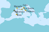Visitando Barcelona, Ibiza (España), Marsella (Francia), Calvi (Córcega), La Spezia, Florencia y Pisa (Italia), Civitavecchia (Roma) Visitando Barcelona, Ibiza (España), Marsella (Francia), Calvi (Córcega), La Spezia, Florencia y Pisa (Italia), Civitavecchia (Roma)