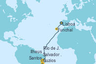 Visitando Lisboa (Portugal), Funchal (Madeira), Salvador de Bahía (Brasil), Ilheus (Brasil), Buzios (Brasil), Río de Janeiro (Brasil) y Santos (Brasil)