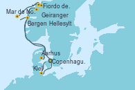 Visitando Copenhague (Dinamarca), Hellesylt (Noruega), Fiordo de Gerinager - Experiencia a bordo, Geiranger (Noruega), Bergen (Noruega), Mar de Noruega - Experiencia a bordo, Aarhus (Dinamarca), Kiel (Alemania), Copenhague (Dinamarca)