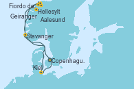 Visitando Copenhague (Dinamarca), Hellesylt (Noruega), Fiordo de Gerinager - Experiencia a bordo, Geiranger (Noruega), Aalesund (Noruega), Stavanger (Noruega), Kiel (Alemania), Copenhague (Dinamarca)