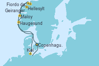 Visitando Copenhague (Dinamarca), Hellesylt (Noruega), Fiordo de Gerinager - Experiencia a bordo, Geiranger (Noruega), Maloy (Noruega), Haugesund (Noruega), Kiel (Alemania), Copenhague (Dinamarca)
