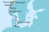 Visitando Kiel (Alemania), Copenhague (Dinamarca), Hellesylt (Noruega), Fiordo de Gerinager - Experiencia a bordo, Geiranger (Noruega), Maloy (Noruega), Haugesund (Noruega), Kiel (Alemania)