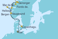 Visitando Kiel (Alemania), Copenhague (Dinamarca), Hellesylt (Noruega), Fiordo de Gerinager - Experiencia a bordo, Geiranger (Noruega), Bergen (Noruega), Mar de Noruega - Experiencia a bordo, Haugesund (Noruega), Kiel (Alemania)