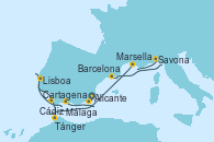 Visitando Alicante (España), Cartagena (Murcia), Málaga, Lisboa (Portugal), Cádiz (España), Tánger (Marruecos), Marsella (Francia), Savona (Italia), Barcelona