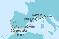 Visitando Barcelona, Alicante (España), Cartagena (Murcia), Málaga, Lisboa (Portugal), Cádiz (España), Tánger (Marruecos), Marsella (Francia), Savona (Italia), Barcelona