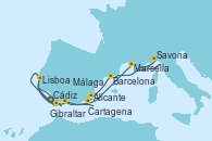 Visitando Cádiz (España), Gibraltar (Inglaterra), Lisboa (Portugal), Marsella (Francia), Savona (Italia), Barcelona, Alicante (España), Cartagena (Murcia), Málaga, Lisboa (Portugal), Cádiz (España)