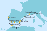 Visitando Savona (Italia), Barcelona, Alicante (España), Cartagena (Murcia), Málaga, Lisboa (Portugal), Cádiz (España), Tánger (Marruecos), Marsella (Francia), Savona (Italia)