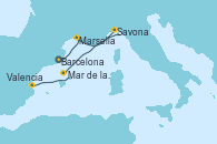 Visitando Barcelona, Marsella (Francia), Savona (Italia), Mar de las Baleares - Experiencia a bordo, Mar de las Baleares - Experiencia a bordo, Valencia Visitando Barcelona, Marsella (Francia), Savona (Italia), Mar de las Baleares - Experiencia a bordo, Mar de las Baleares - Experiencia a bordo, Valencia