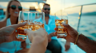 Personas brindando con bebidas en la cubierta de un barco
